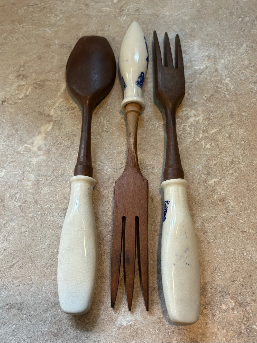 Vintage Blue & White Porcelain Handle Wooden Serving Utensils 3Pc